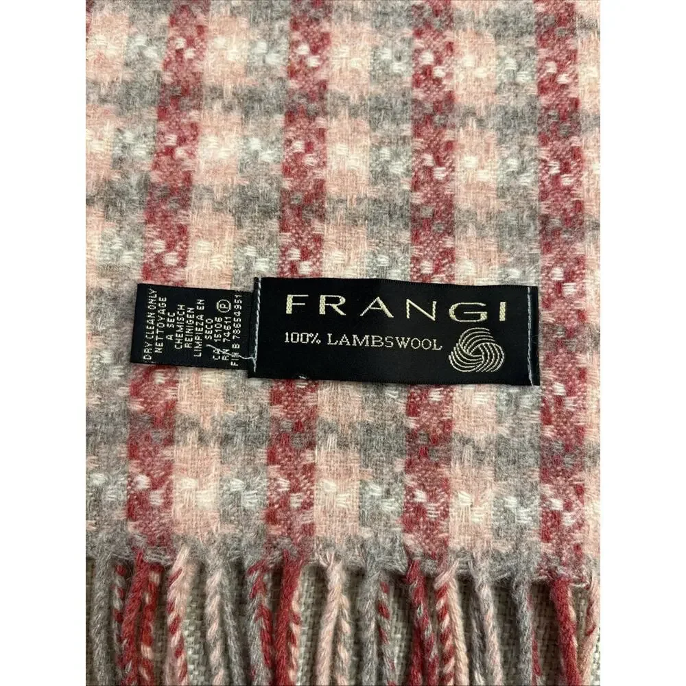 Vintage FRANGI Scarf 100% LAMBSWOOL Made In England Pink Plaid Fringe 10X60